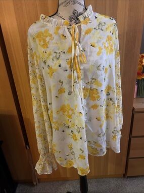 Women's Yellow Floral Tie-Neck Blouse